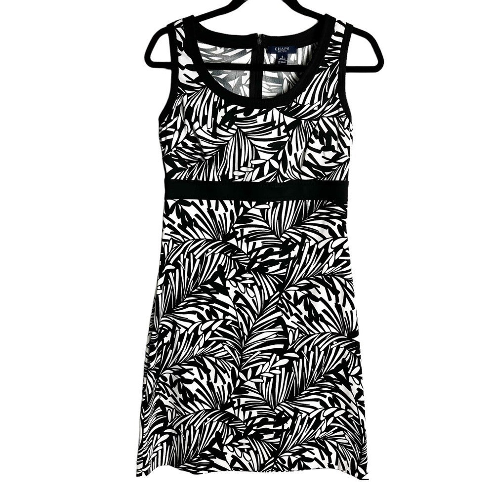 Chaps‎ - Women's Black & White Leaf Print Shift Dress Knee Length - Sz. 6